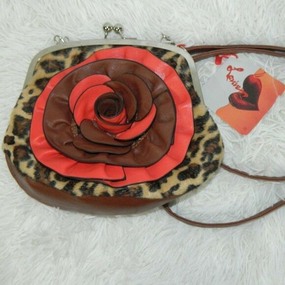 Lavive Purse Brown Red Animal Print with 3D Flower‎ - Picture 7 of 8